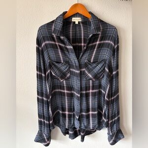 Anthropologie Cloth & Stone Plaid Button Down Shirt Blue White Women’s Medium
